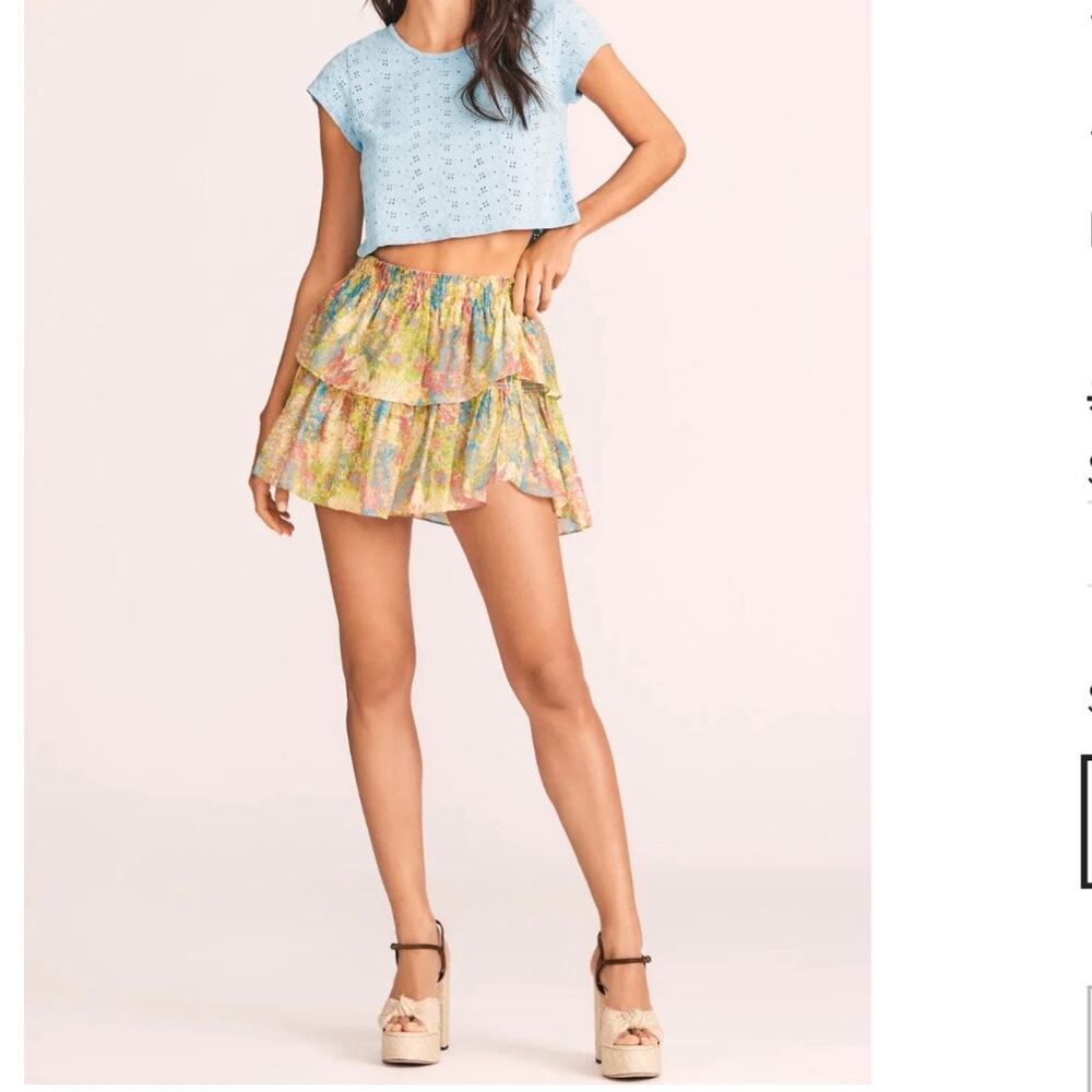 LoveShackFancy Ruffle Tiered Mini Skirt, Pastel Fields green/pink, Size Large